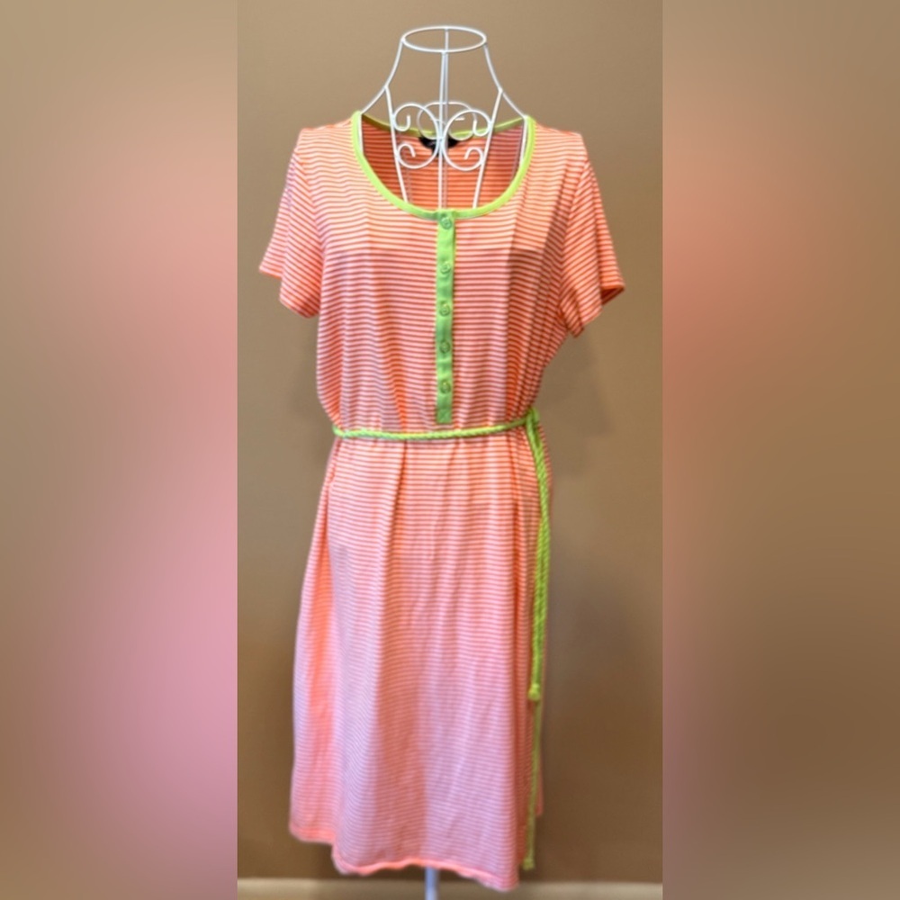 Lands' End Striped Knit Midi Dress Orange Green Contrast Trim Large 14/16